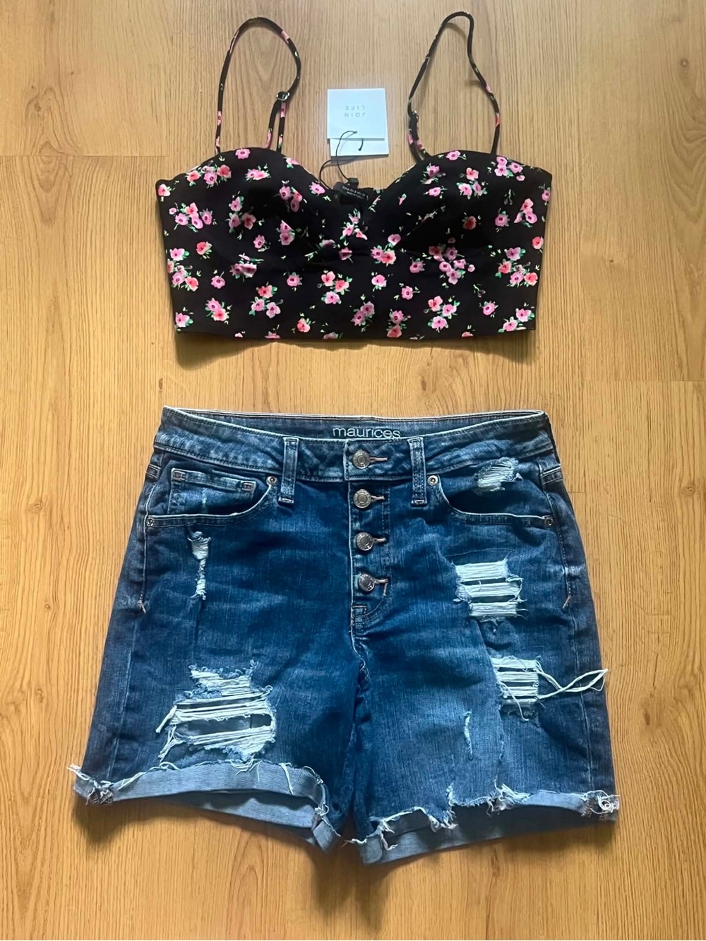 Zara Black Floral Bustier Cami with Pink Flowers and Maurices Sz 2 Shorts
